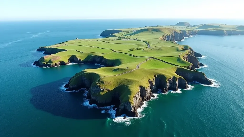 Aerial view of Irish island coastline with green fields and dramatic cliffs
