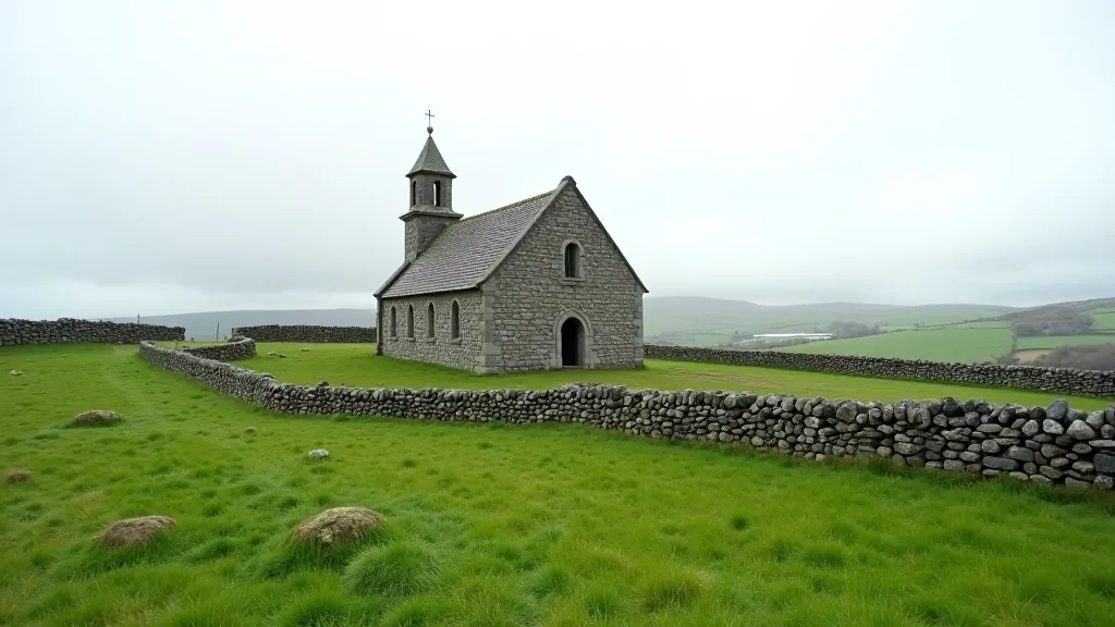 Historic stone church on Inis Mór surrounded by green fields and traditional Irish landscape, quiet rural setting