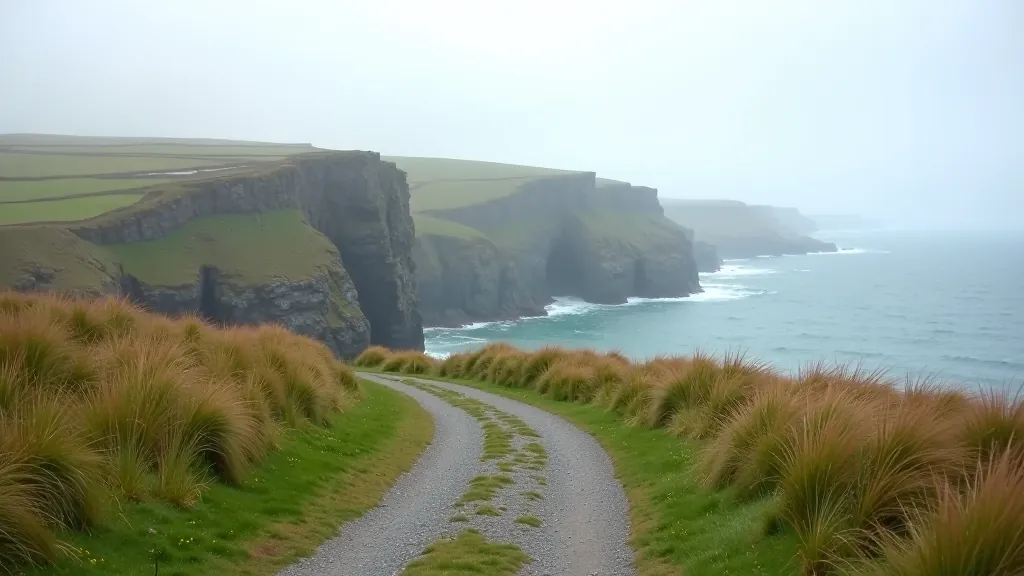 Coastal path along Dursey Island with ocean cliffs and grass-covered terrain, bright overcast sky, sharp focus