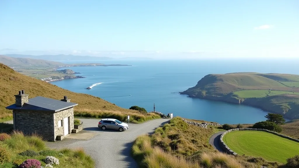 Dunmore Head cable car station building with parking area, Beara Peninsula landscape in background, clear day, architectural detail