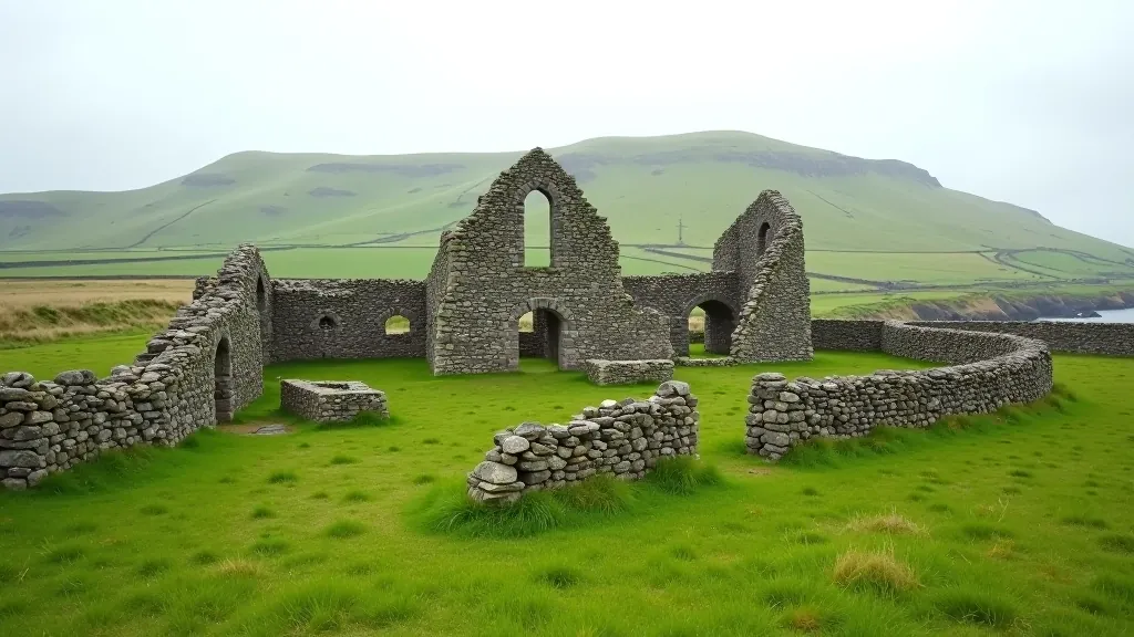 Historic stone abbey ruins on Sherkin Island surrounded by green fields and ancient stone walls