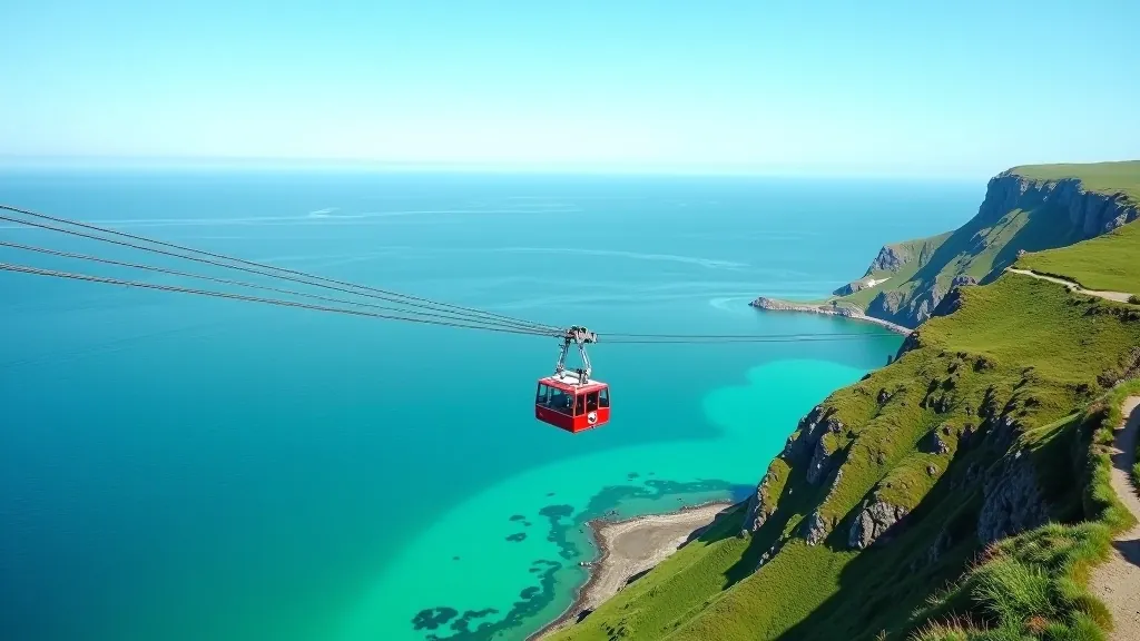 Dursey Island cable car suspended over blue water with green island landscape below