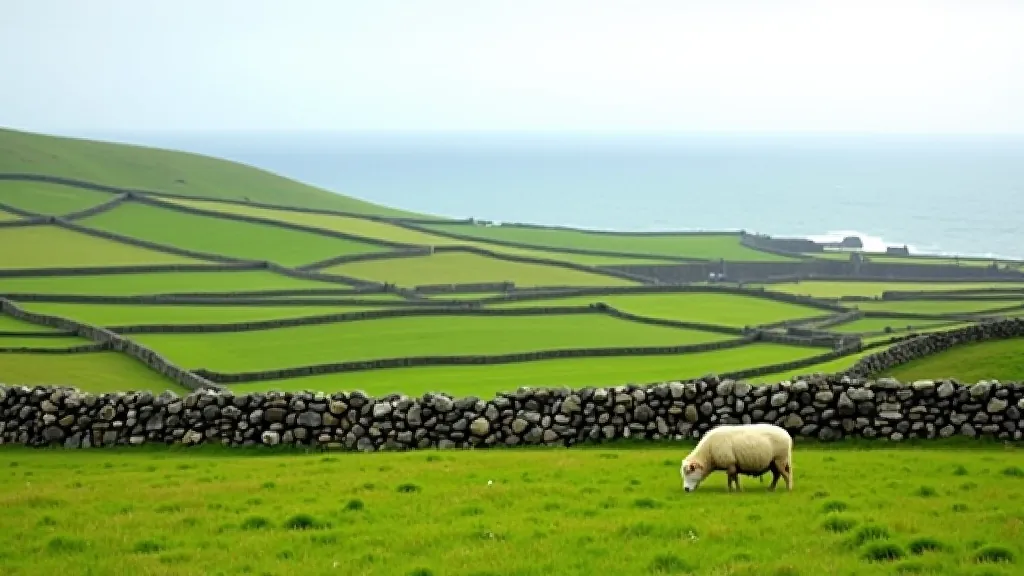 Stone walls and green fields on Inis Mór with distant Atlantic horizon, peaceful rural landscape