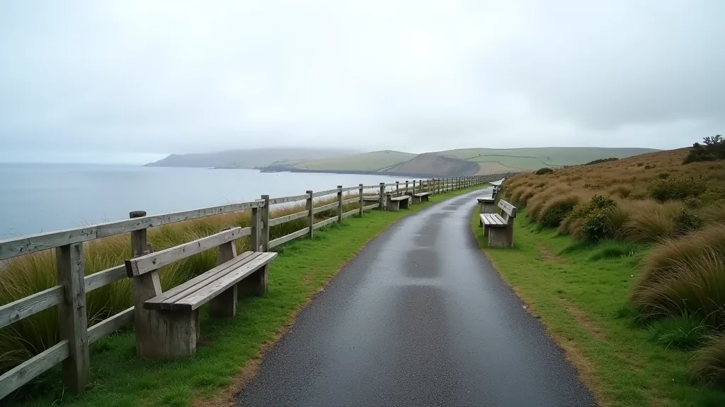 Paved coastal walking path on Irish island with safety railings and benches for resting