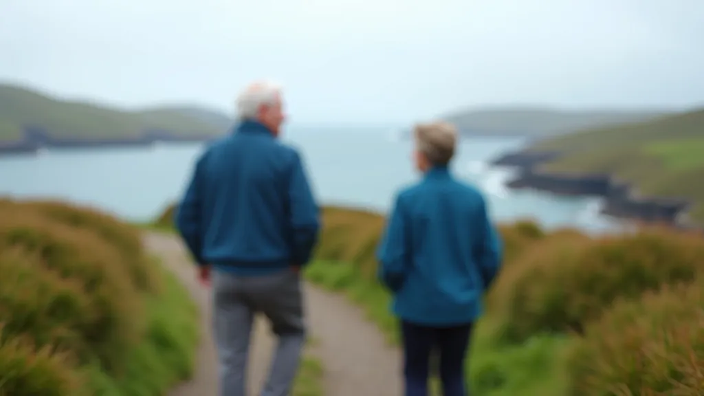 Person in blue jacket standing on coastal path looking toward Atlantic Ocean, Dursey Island landscape, peaceful solitude, soft natural light