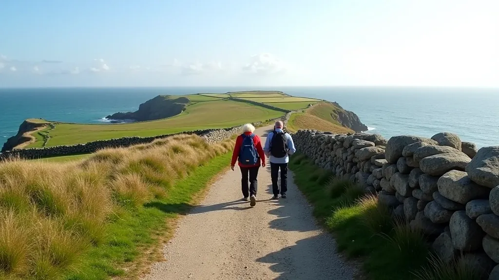 Scenic coastal walking path on Inis Mór with grass cliffs and ocean views