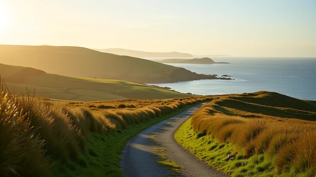 Beautiful coastal path on an Irish island with ocean views and green hills