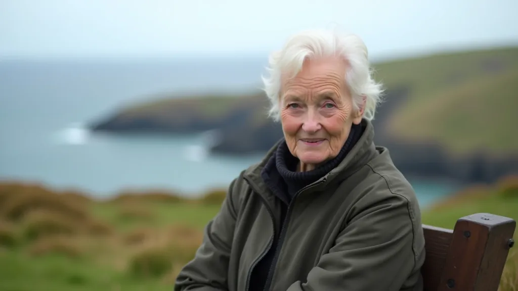Senior woman resting on wooden bench overlooking Irish island coastline with distant ocean