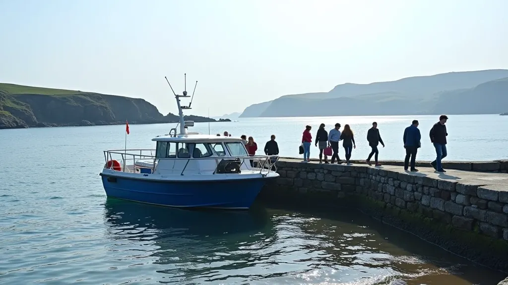 Ferry boat moored at stone pier with passengers boarding, mainland cliffs visible in distance across calm water